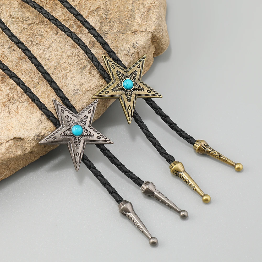 Vintage leather chain Bolo Tie for Men Western Cowboy Necktie Bolo Tie for Shirt Fashion star long necklace