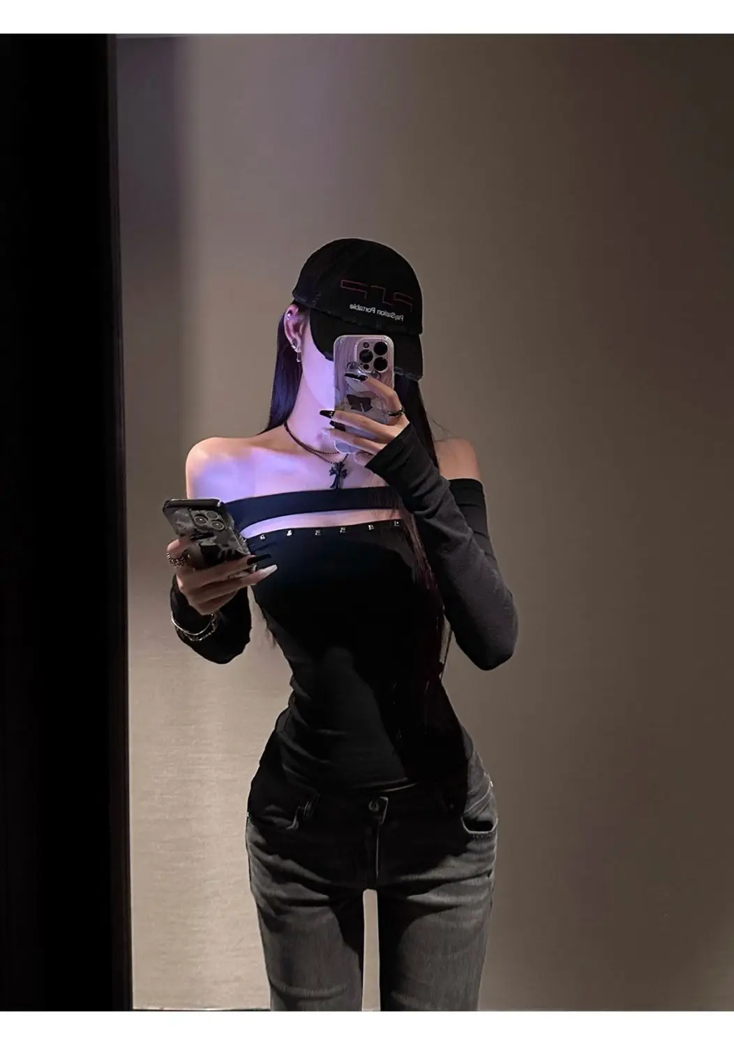 برشام الجوف خارج المرأة تي شيرت كم طويل أسود 2000s الملابس Y2k سليم الخريف بلايز قبالة الكتف تيز الملابس النسائية