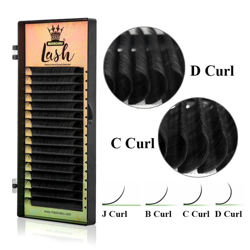 MASSCAKU 16 Rows Classic Eyelash Extension 0.05~0.20 mm C D Curl 15mm Length Individual Lash Extensions Dark Black Mink Lash