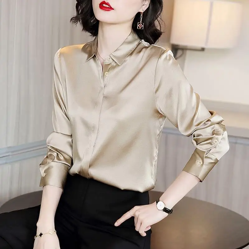 Elegant Solid Color Lapel Long Sleeve Oversized Satin Button Shirt 2022 Autumn New Casual Women\'s Clothing Office Lady Blouses