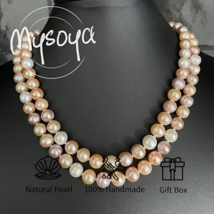 

MYSOYA 8-9mm Natural Candy Color Pink Purple Freshwater Pearl Double Strand Necklace With Gift Box Birthday Wedding Gift