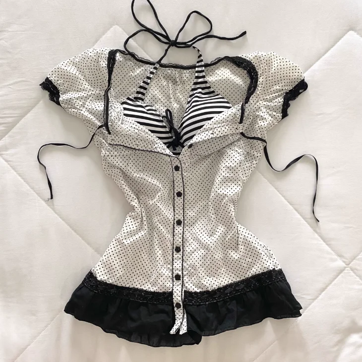 

Y2k Vintage Waist-Fitted Tie Up Streetwear Tees Spicy Girl Lace Trim Polka Dot Short Sleeve Slim Fitting Summer Lady Clothes