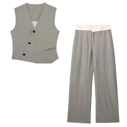 HH Spring Female Solid Pants Suit Asymmetric Sleeveless Single Breasted Vest Top+Casual High Waist Loose Tousers Streetwear