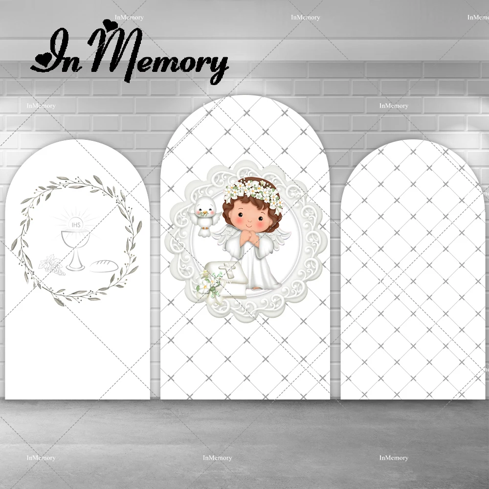 

White Silver Angel Girls Baptism Chiara Arch Backdrop Cover God Bless First Holy Communion Photography Background Double-sided