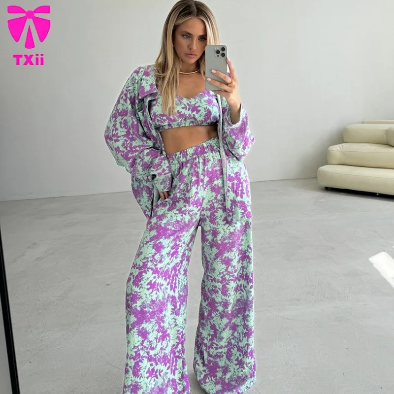 

Loose Women's Home Clothes Printed Long Sleeve Pajamas Women's Bra Casual Pants Set 2024 Summer Pajamas Women's Set