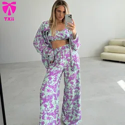Loose Women's Home Clothes Printed Long Sleeve Pajamas Women's Bra Casual Pants Set 2024 Summer Pajamas Women's Set