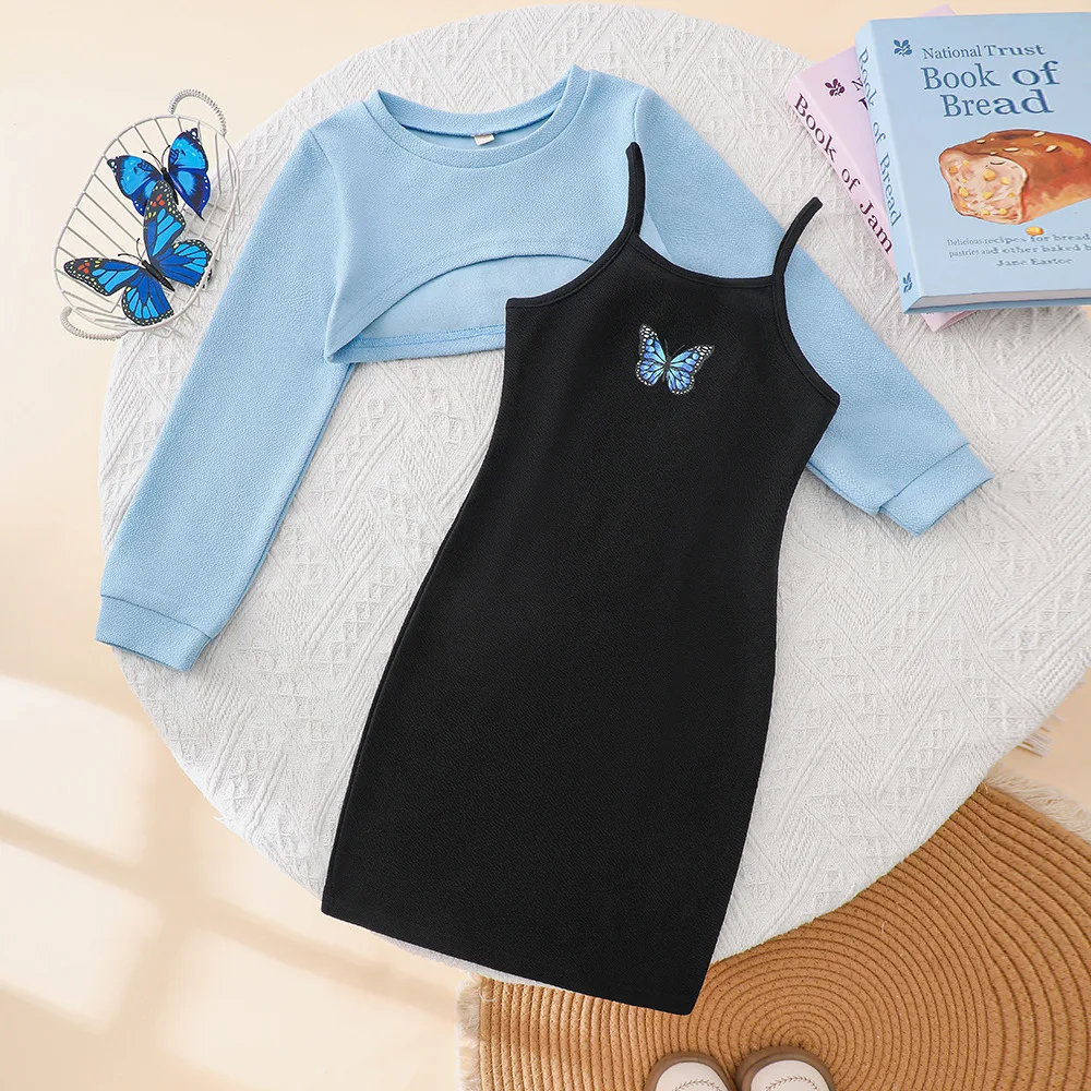 Fashion Girls Clothes Set Y2K Butterfly Strap Dress and Long Sleeve Crop Top Shrug Kids Clothing Boutique Spring Summer Fall