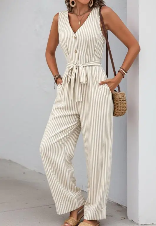 New Women's Striped Sleeveless V-Neck Vest Top and Straight Leg Pants Jumpsuit for Summer 2026-In Stock