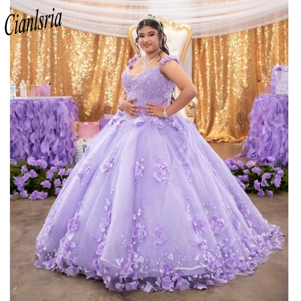 Gaun Bola Appliques Gaun Quinceanera Berenda Lavender Ungu Korset Punggung Vestido 15 Gaun Pesta Wisuda Pertunangan