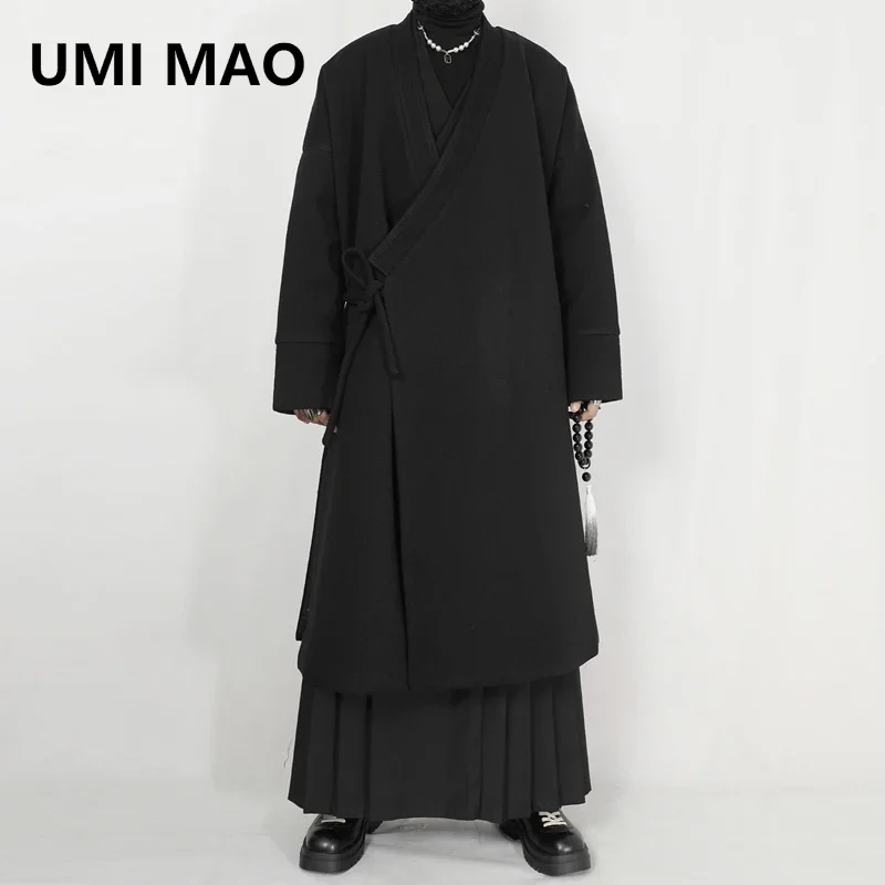 

UMI MAO Original Men's Clothing New Autumn Winter Chinese Style Standing Collar Side Slit Tied Rope Long Woolen Coat Jacket