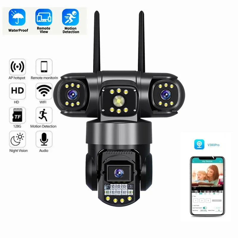 

External Wifi PTZ Camera Three Lens Three Screen Camera 2MP Auto Tracking Security Protection CCTV Surveillance V380 PRO APP