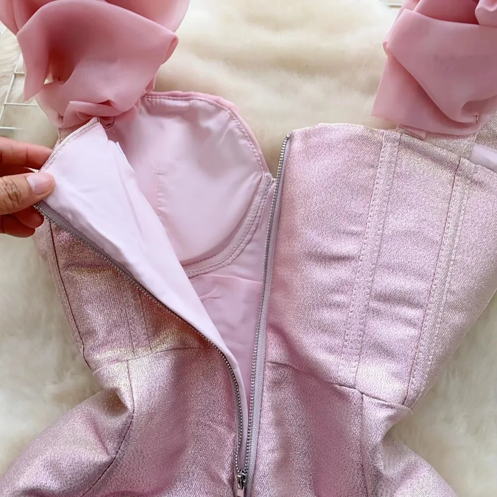 Hotsweet Chic trójwymiarowe plisowane paski seksowne bez rękawów wąskie krótkie sukienki ołówkowe francuska impreza główna ulica odzież damska — zdjęcie 5