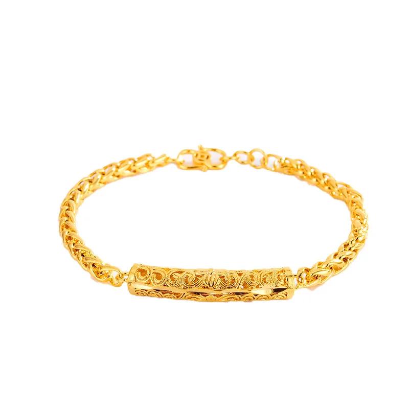 Fine AU999 gold jewelry lifetime auspicious cloud pattern bracelet 24K pure gold coin cylindrical hollow wrist chain