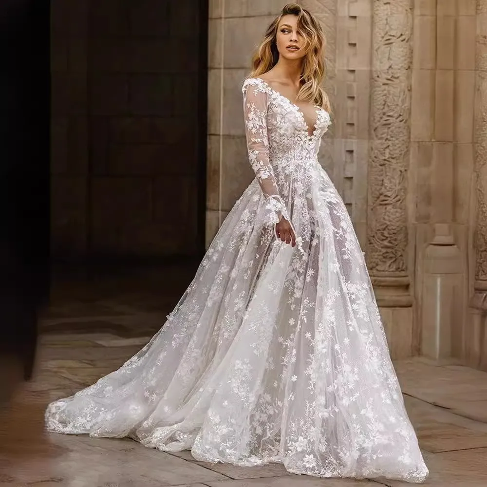 Women's Elegant Deep V Neck Long Sleeve Beaded Lace Hollow Out Bodycon Mid Waist Dress for Indoor Outdoor Wedding Party Evening