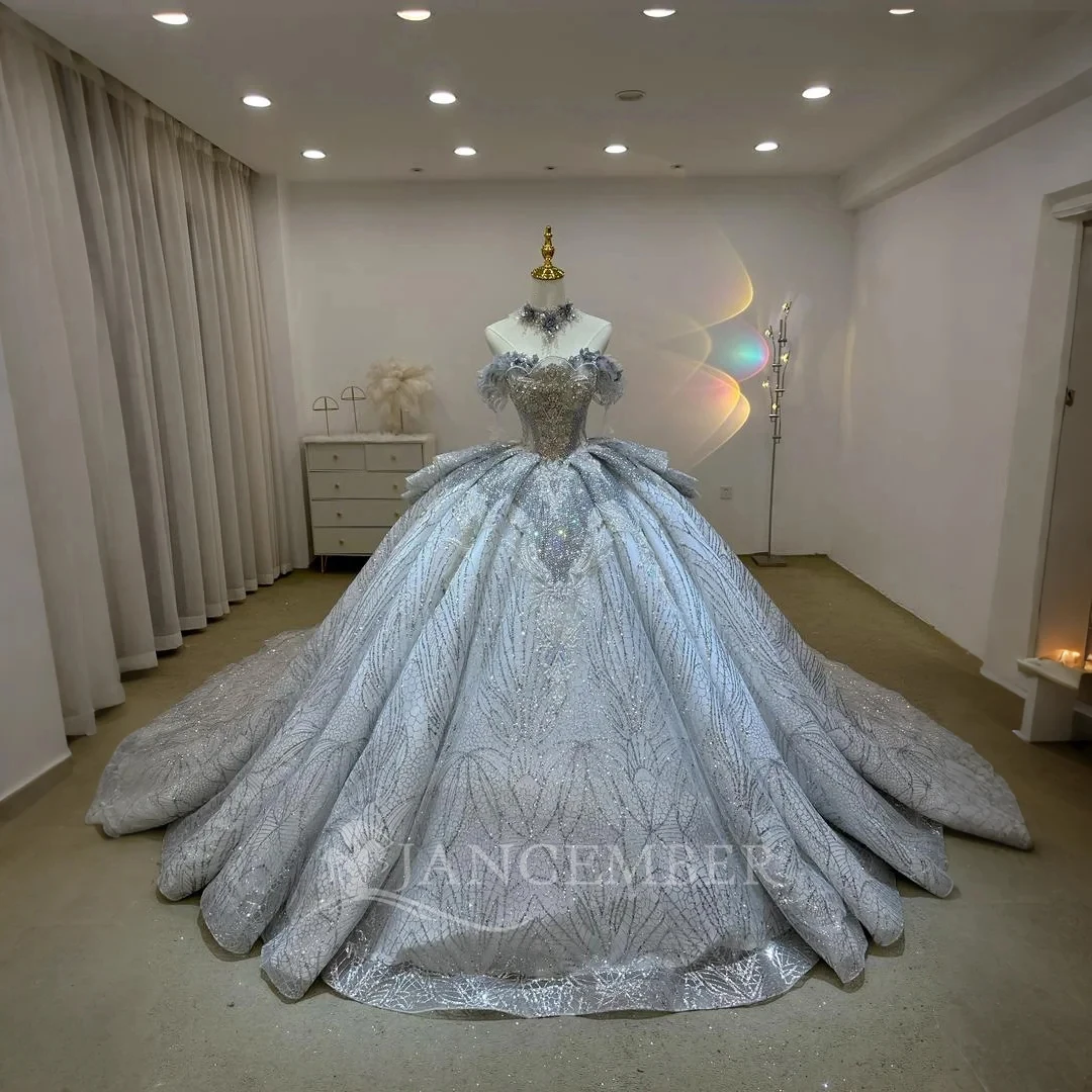 

Exquisite Wedding Dress With Bead Ball Gown Short Sleeves Scoop Customized Ruffles Bride Sequins Lace Up Back Vestido De Novia