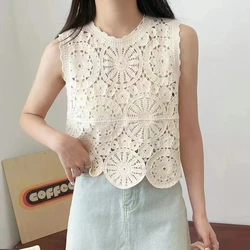 Hollow Out Crochet Summer Tank Top Women Sleeveless Lace Vest Korean Style Casual Holiday Beach Boho Beige White Top