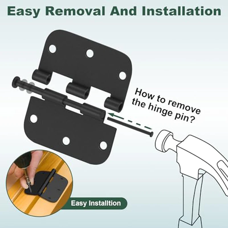 3Pack Interior Round Door Hinges 3.5 X 3.5 Inch 5/8inch Removable Pin Radius Door Hinge Door Hardware  Door Window Hinges