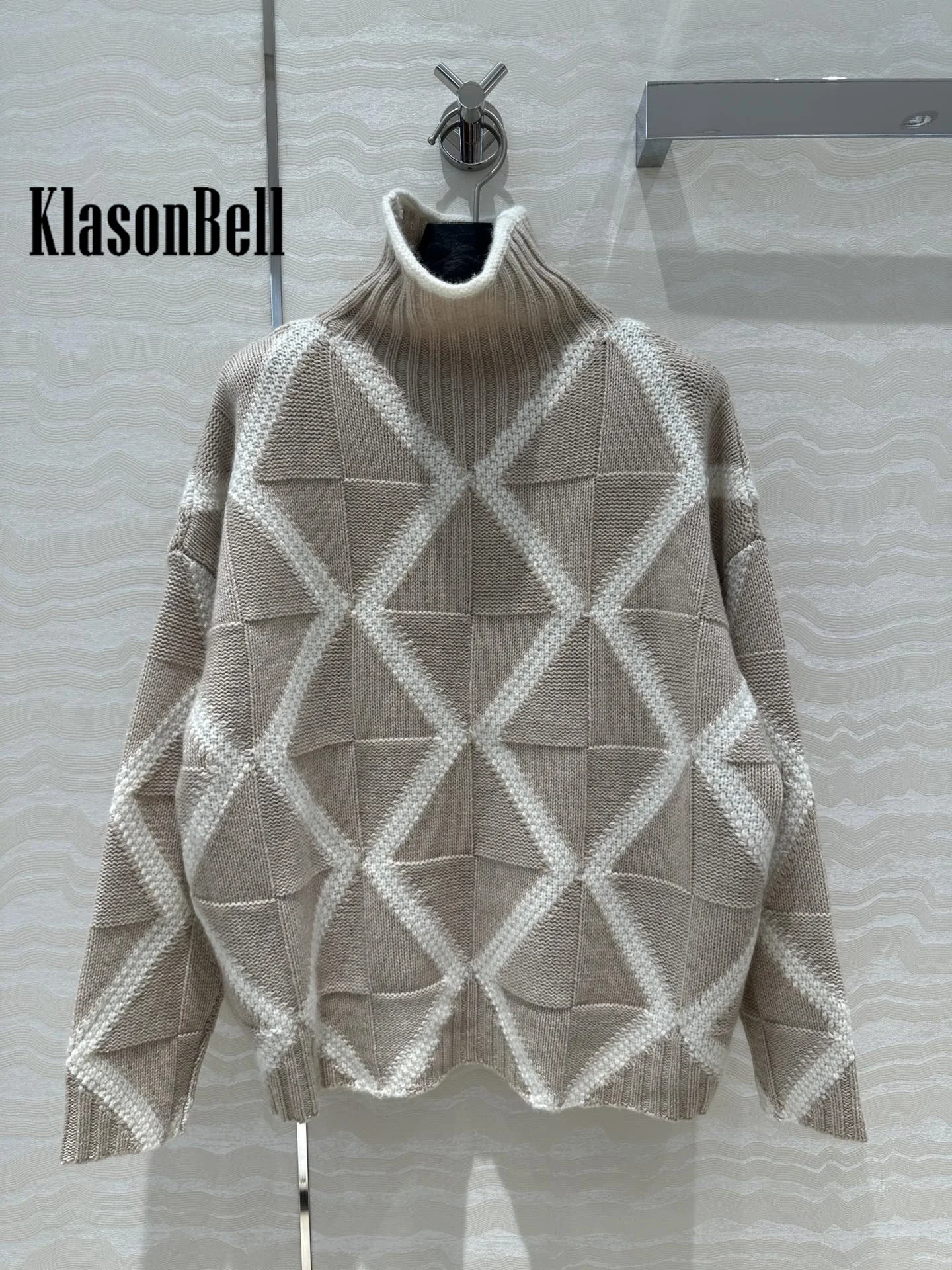 7.23 KlasonBell Women\'s Fashion Turtleneck Cashmere Knit Sweater Contrast Color Argyle Plaid Jacquard Loose Pullover Jumpers