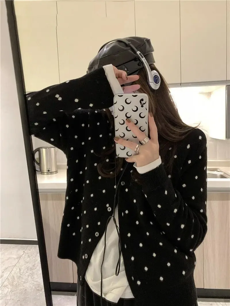 Korean Fashion New Knitted Women Tops Cardigan Polka Dot O Neck Long Sleeve All Match Knitting Outwear Cardigans Female Clothing