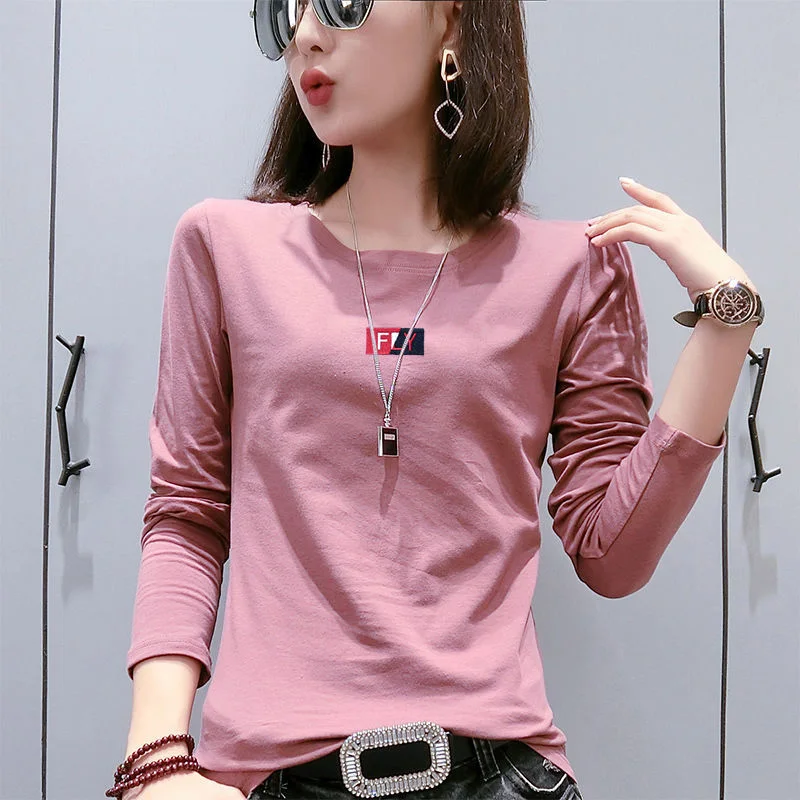 Fashion Letter Embroidery Casual Long Sleeve T-Shirt Female Clothing 2023 Autumn New All-match Tops Korean Solid Color Tee Shirt