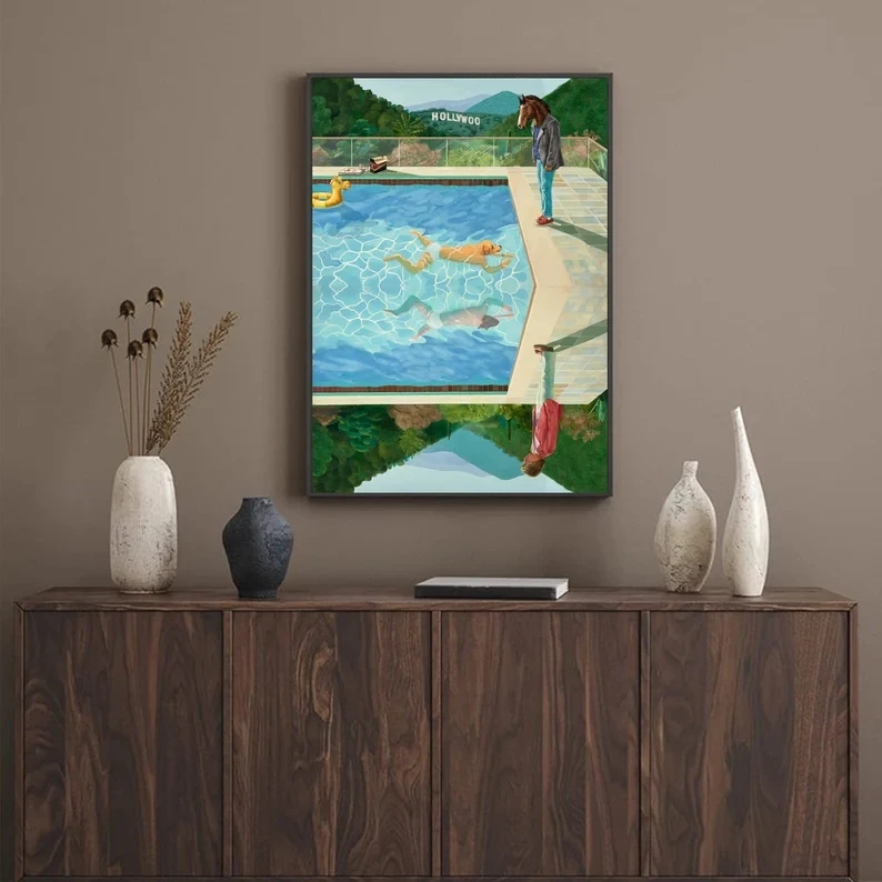 Funny Horseman Bojack David Hockney Swimming Pool Oil Painting Canvas Modern Wall Art Pictures Living Room Home Decor