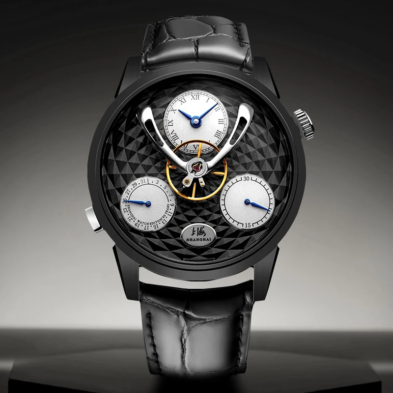 SHANGHAI Watch Sky Dome Central Flywheel Mechanical Watches 42mm Calendar Men's Automatic Wristwatch Sapphire Glass Leather 895