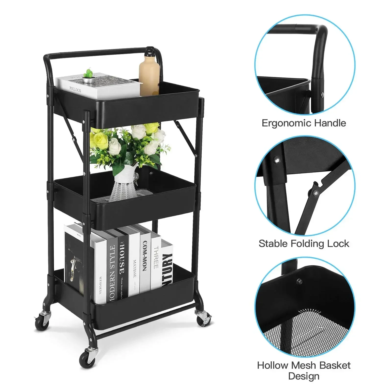 Folding Trolley Storage Rack Household Multi-function Storage Rack Kitchen Living Room Toilet Storage Rack Trolley Cart Kitchen