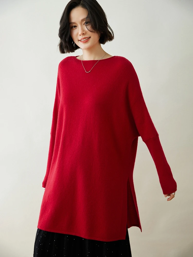 

Осенне-зимний кашемировый пуловер до середины икры с рукавами «летучая мышь», женский свитер с круглым вырезом, однотонный, большого размера, корейская версия, вязаные базовые топы, высококачественные