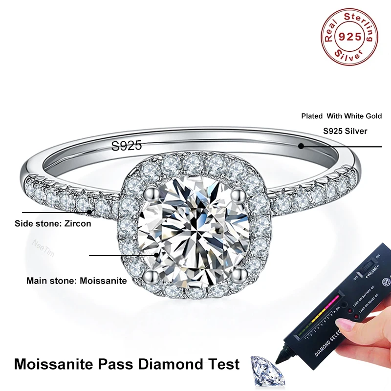 Neetim d cor moissanite anel 925 prata esterlina com branco banhado a ouro laboratório anéis de diamante para mulheres casamento banda jóias presentes