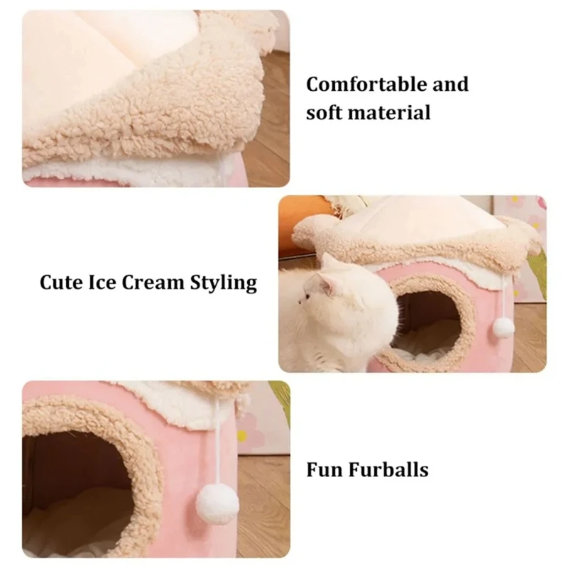 Cat Dog House Cave Warm Winter Deep Sleep Pet Nest Geometric Ice Cream House Fun Comfort Nest