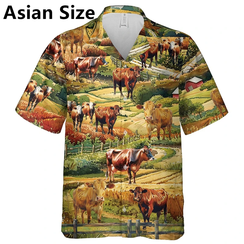 Retro Farm Cow Graphic Shirts For Men Fashion Summer Short Sleeve Lapel Button 3D Animal Printed Shirts Casual Oversized Blouse