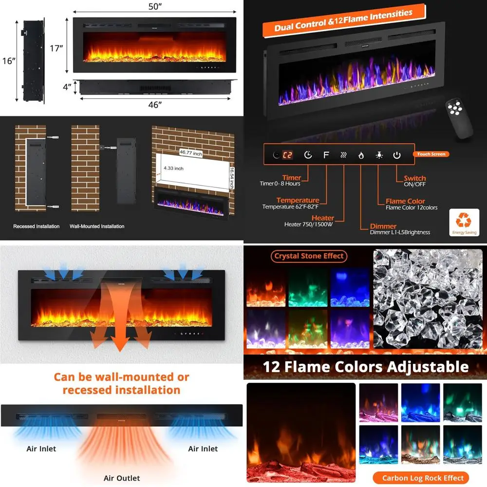 

Электрический камин на 50 кВт, встраиваемый и настенный, бесшумная работа, пульт ДУ с таймером, сенсорное управление, изменение цвета и скорости пламени