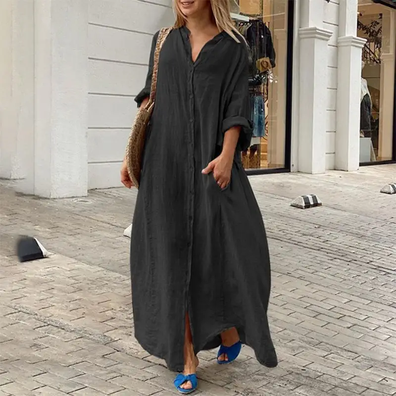 Casual V Neck Long Sleeve Woman Dress Office Lady Spring Summer Fashion Loose Solid Dresses For Women 2024 Female Robe White