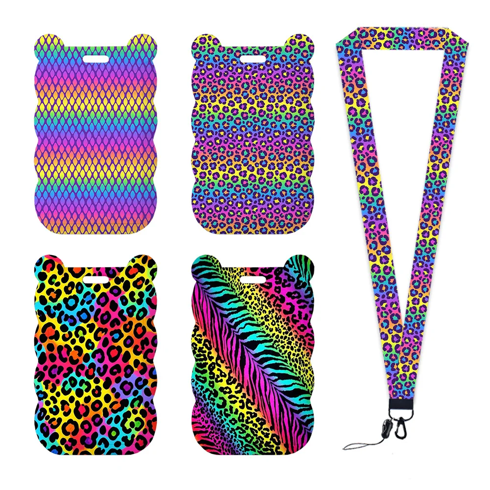 Fashion Leopard Card Holder Work Access Name Badge with Keychains Student Id Card Lanyard Holder Accessories