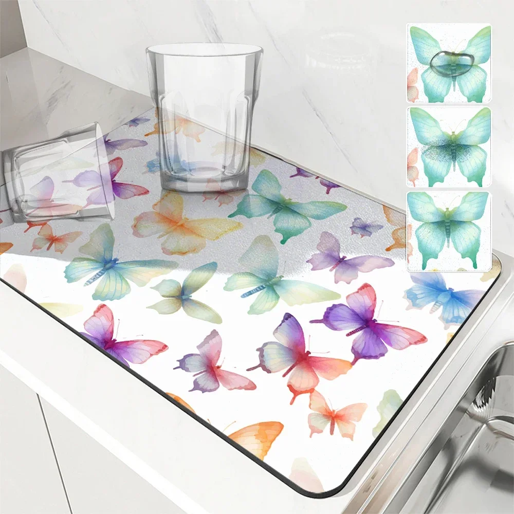 Watercolor Style Absorbent Mat Insect Butterfly Draining Mat Kitchen Tableware Drying Tableware Non-slip Carpet Tableware