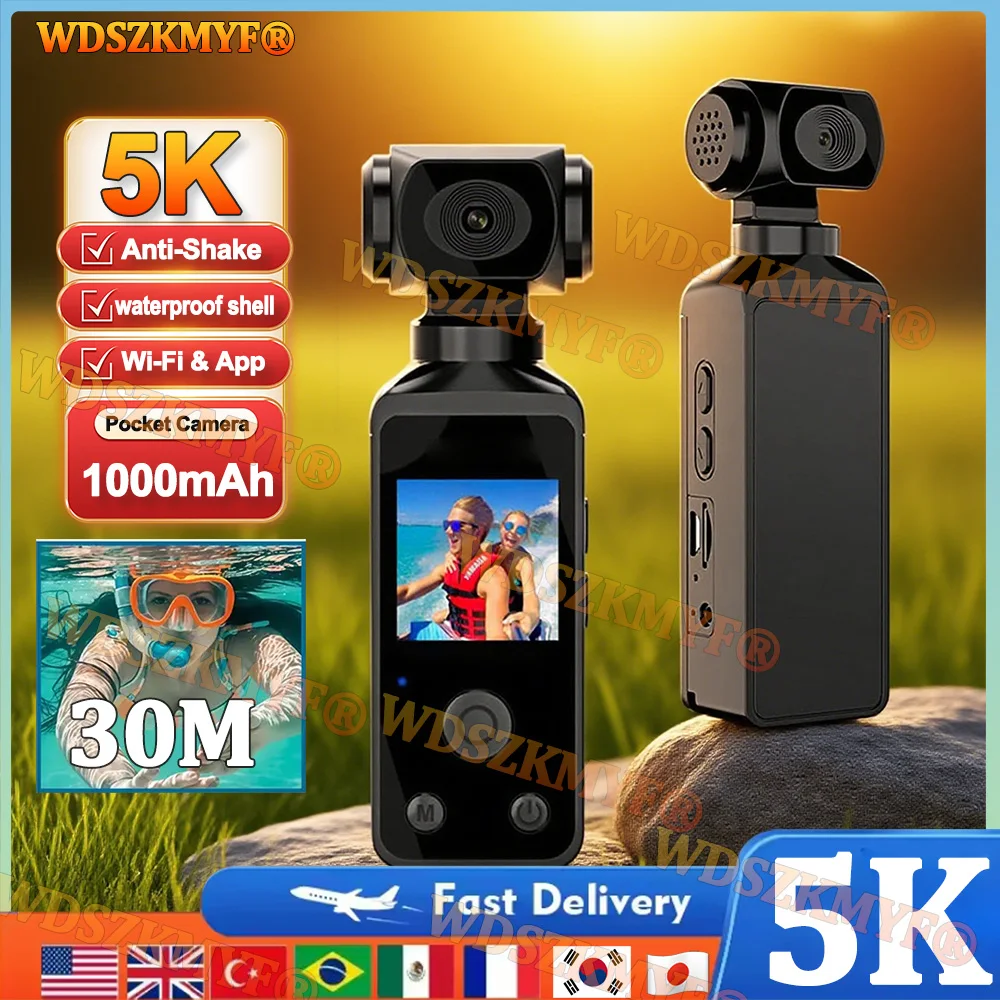 กล้อง 5K 4K 2K WiFi UHD 270 °   กล้องบันทึกวิดีโอ 4K แบบพกพาสำหรับกีฬากลางแจ้ง พร้อมเคสกันน้ำ ป้องกันการสั่นไหว หมุนได้