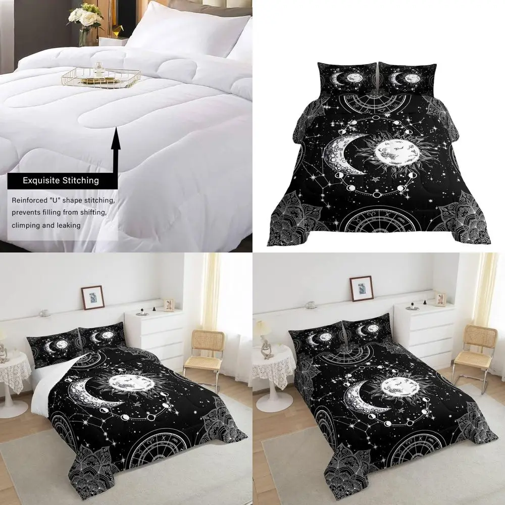 

Galaxy Constellation Comforter Set for Kids Teens - Psychedelic Mandala Duvet Cover, Breathable Celestial Quilt, Full Size, Blac