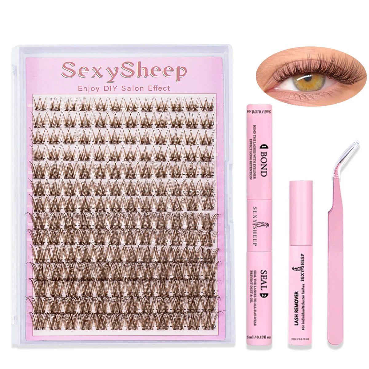 Eyelash Extension Kit DIY Brown Lash Clusters Cosplay Natural Individual Lashes Kit Strong Hold with Lash Bond & Seal Tweezers