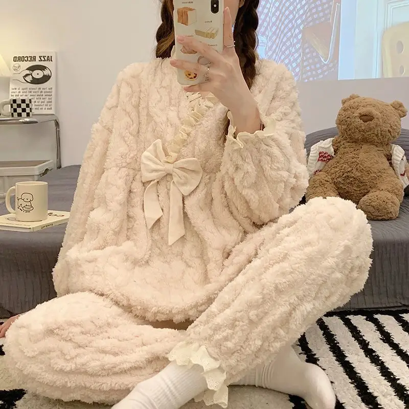 

Girl's Pajamas Plus Size Thickened Coral Fleece Girl's Homewear Warm Two-Piece Set Autumn Winter Women's Loungewear Nightgown
