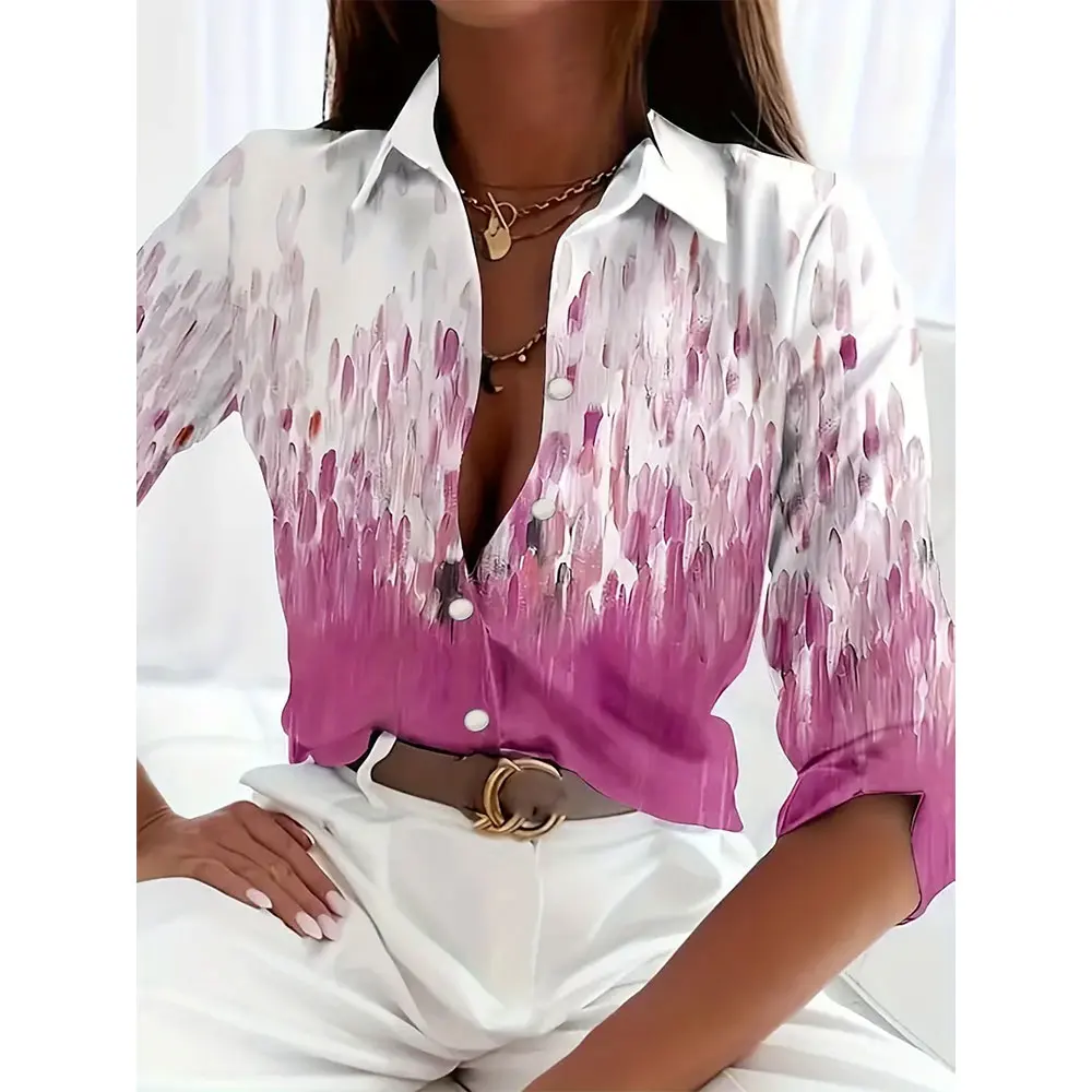 2024 New Fashion Women's Single-Breasted Shirts Fashionable 3d Leaf Printed Basic Tops Summer Casual Long Sleeve Shirts & Blouse