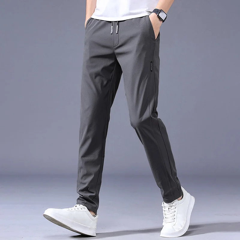 Summer Thin Ice Silk Slim Fit Pants For Men'S Elastic Straight Leg Jogging Breathable Sports Pants, Business Casual Pants