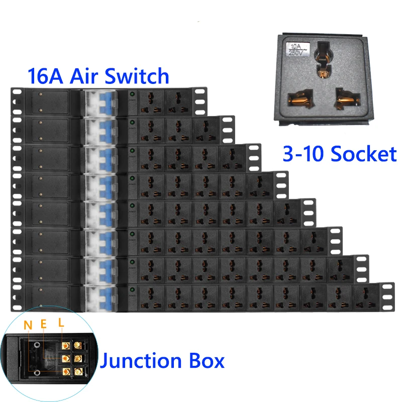 PDU power strip With junction box 2-9 Way10A Universal socket  Air switch control Cabinet installation Electric Network filter