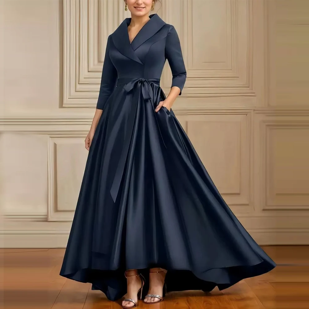 

Customized Fashions Elegant A-line Wedding Guest Dress Satin V-Neck 3/4 Sleeve Asymmetrical Bow Pleated Wedding Party Dresses