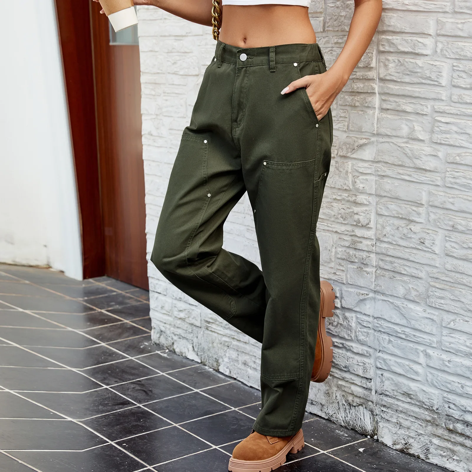 Solid Color Elastic Waist Loose Cargo Jeans, New Fashion Water Washing Stitching Long Jeans, Women's Spring/autumn Casual Pants