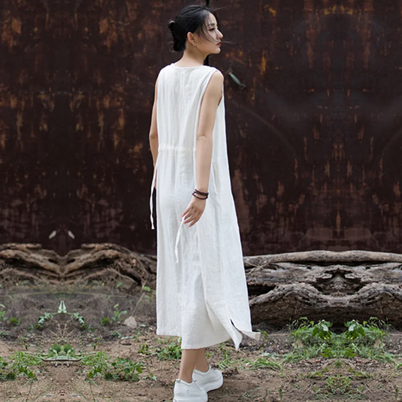 Sleeveless Dress Long-Length Literature and Art Retro Spring Summer  Cotton and Linen Loose Thin National Style