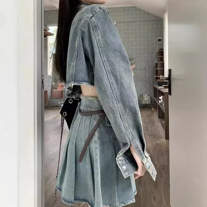 Denim Pleated Dresses Sets Women Vintage Crop Cool Girls Long Sleeve Pockets Tops Slim A-line High Waist Spicy Prevalent Hipster