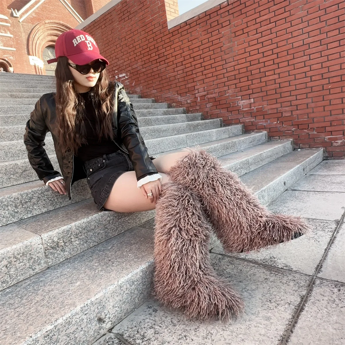 Winte Faux Mongolian Wool Snow  Long Boots Warm Plush Platform Knee-High Boot Outdoor Furry Cute Over-The-Knee Girls Boots