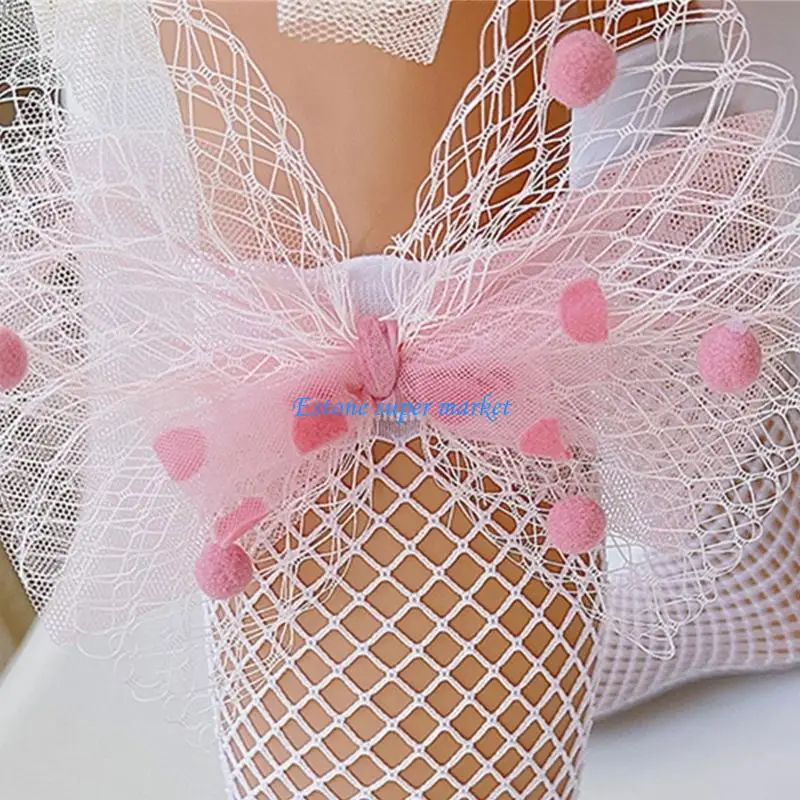 

090B Girls Mesh Stockings With Delicate Bowknot Accent And Decorative Balls Stretchy Nylon Fabric For Play or Parties