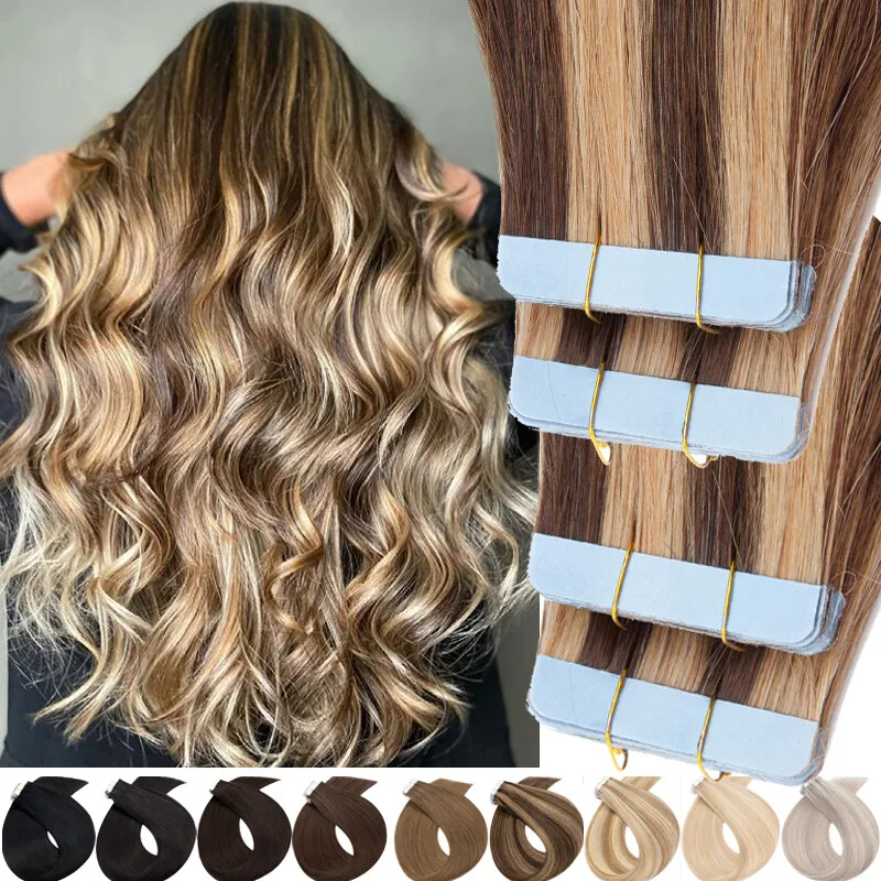 

100% Remy Human Hair 20pcs Tape In Extensions 12-26 inch Ultra Thin Seamless Weft Professional Quality