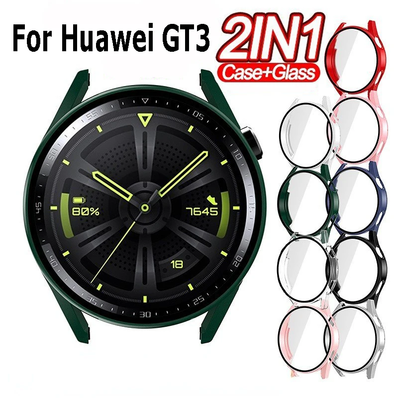 Casing + kaca Tempered untuk jam tangan Huawei GT3, penutup pelindung kaca Tempered 42mm 46mm untuk Huawei GT3 GT 3, aksesori casing kaca pelindung layar